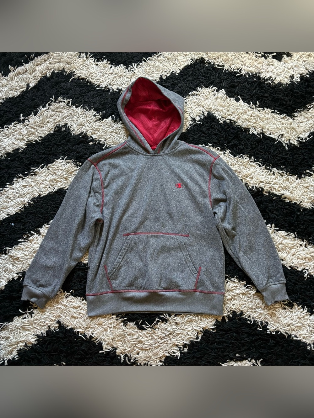 Champion Streetwear Grey Red Hoodie Casual Sweatshirt